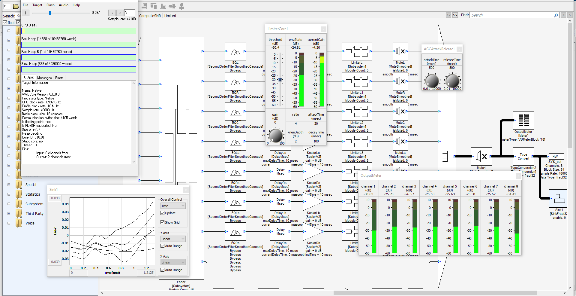 Screenshot of AudioWeaver Designer, the main PC application developed by DSP Concepts.